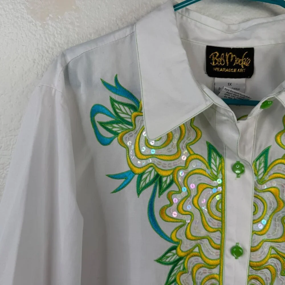 NWT Bob Mackie Wearable Art Top White Sz 1X Button Up Flower Embroidered Sequins - Picture 6 of 16